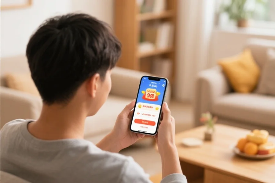 一位用户在家使用手机APP,界面显示中奖提示和兑奖步骤,环境温馨舒适